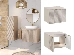 Wall Hung Vanity Unit 600mm Bathroom Cabinet Ribbed Cashmere Beige Countertop Cara