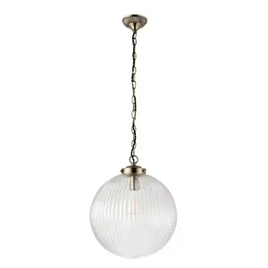 Bateson 1 - Light Globe Pendant Antique Brass/Clear Ribbed Glass / 100cm H x 35cm W x 35cm D