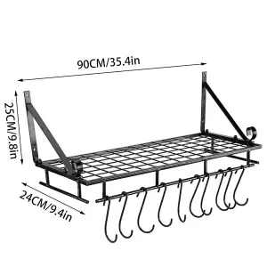 Kitchen Metal Shelves Saucepan Pan Pot Rack Storage Shelf with 10 Hooks Wall Mounted W 90 cm