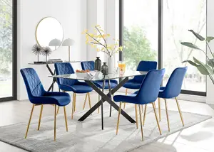 Furniturebox UK Leonardo Black Leg Glass Dining Table & 6 Navy Pesaro Gold Leg Chairs