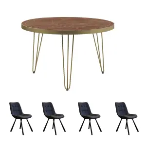 Dallas Dark Mango Wooden Round Dining Table 4 Seats Set With 4 Chairs