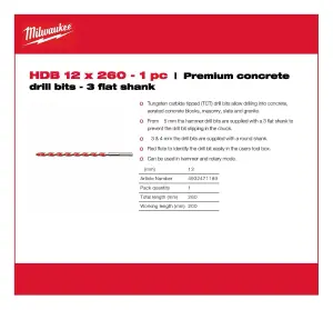 Milwaukee - Premium Concrete Drill Bit - 3 Flat Shank 12mm x 260mm - 1 Piece