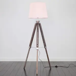 ValueLights Clipper Distressed Wood and Silver Chrome Tripod Floor Lamp with Pink Tapered Light Shade with 6w LED GLS Bulb