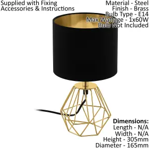 Table Lamp Colour Brass Steel Base Shade Black Gold Fabric Bulb E14 1x60W