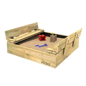 Rebo Wooden Sandpit Ball Pool with Folding Lid and Benches Sandbox - 120cm x 120cm