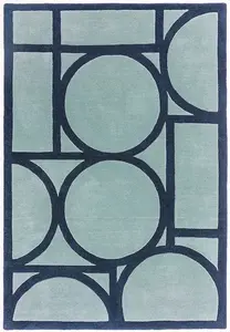 Blue Geometric Wool Bordered Handmad Rug For Bedroom & Living Room-120cm X 170cm