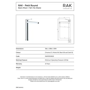 RAK Petit Tall Matt Black Modern Basin Tap Solid Brass