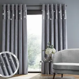 Catherine Lansfield Living Crushed Velvet Glamour Sequin 46x90 Inch Eyelet Curtains Two Panels Grey