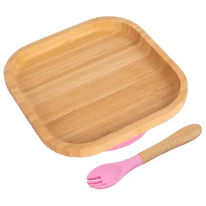 Bamboo Square Baby Weaning Plate & Fork Set - Pink