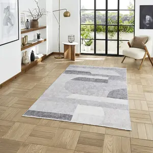 Grey Silver Geometric 5mm Thick Rug, Stain-Resistant Modern Rug for Bedroom, Living Room, & Dining Room-60cm X 170cm