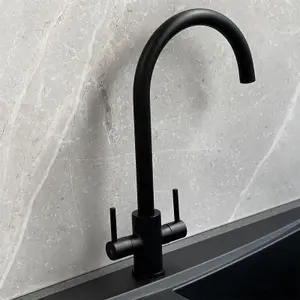 Liquida AD398MB Swan Neck Twin Lever Kitchen Mixer Tap In Matt Black