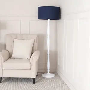 ValueLights Victoria Traditional White Wood Candlestick Floor Lamp with Navy Blue Drum Shade - LED Bulb Included