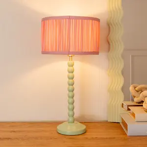 ValueLights Bobbins Sage Green Table Lamp with Ruched Pleated Blush Pink Drum Lamp Shade and LED Bulb