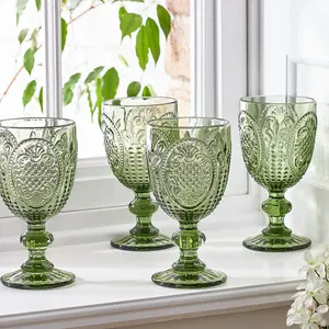 Set of 4 Vintage Luxury Green Drinking Goblet Wine Glasses 310ml