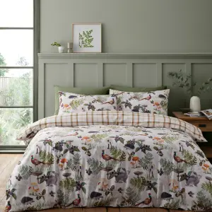 Catherine Lansfield Soft Velvet Woodland Walk Reversible Double Duvet Cover Set with Pillowcases Natural