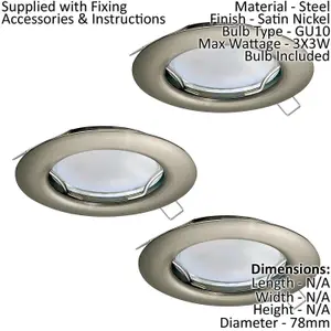 3 PACK Flush Ceiling Downlight Satin Nickel Steel 3 x 3W GU10 Bulb