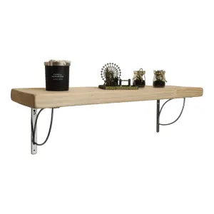 Solid Wood Handmade Rustical Shelf Unprimed 175mm 7 inch with Silver Metal Bracket TRAMP Length of 240cm