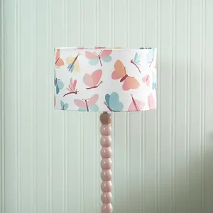 Rose Pink Bobbin Stem Table Lamp with Butterfly Drum Shade for Living Room Bedroom - LED Bulb Included