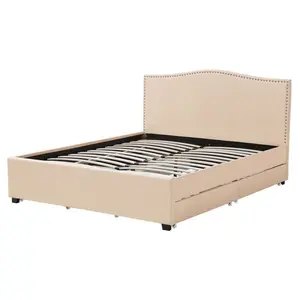 Fabric EU King Size Bed with Storage Beige MONTPELLIER