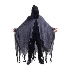 Halloween Black Linen Phantom Costume Skeleton Cloak