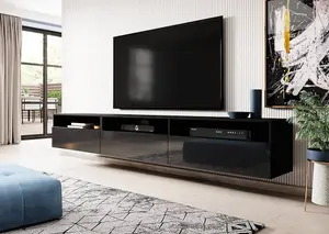 Athens 40 Black Gloss TV Cabinet W2700mm H400mm D410mm - Sleek Design with 3 Drawers and Wall-Mount Option