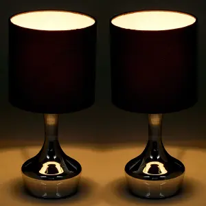 Gotham E14 28W Chrome Touch Table Lamps with Black Fabric Shades (Sold in Pairs)