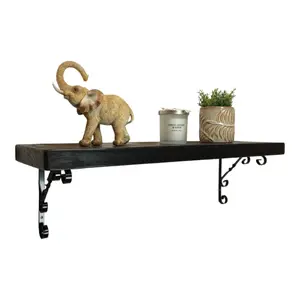 Solid Wood Handmade Rustical Shelf Black Ash 225mm 9 inch with Black Metal Bracket WO Length of 220cm