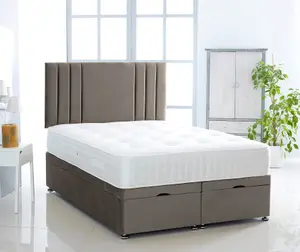 Grey Plush Foot Lift Ottoman Bed With Memory Spring Mattress And Vertical Headboard 3FT Single