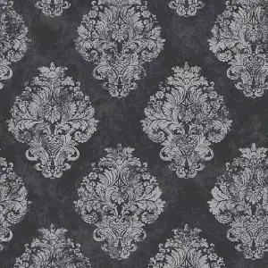 Galerie Metallic Fx Black Silver Metallic Damask Textured Wallpaper