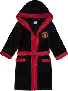 Manchester United Boys Dressing Gown Robe Hooded Fleece Kids Official Football