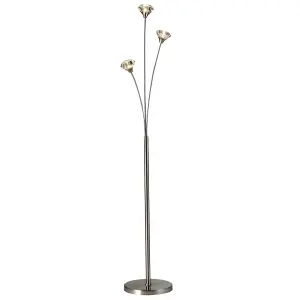 3 Light Floor Lamp, UK Plug Included, Satin Nickel Finish, Clear Glass Shades