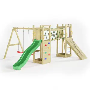 Shire Fun Wooden Climbing Frame with Twin Towers with Bridge, Double Swing and Slide