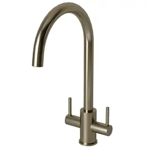 Liquida AD395BS Swan Neck Twin Lever Kitchen Mixer Tap In Brushed Steel