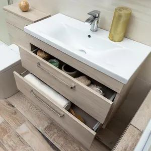 Novela 800mm Wall Hung Vanity Unit in Light Wood with Ceramic Basin