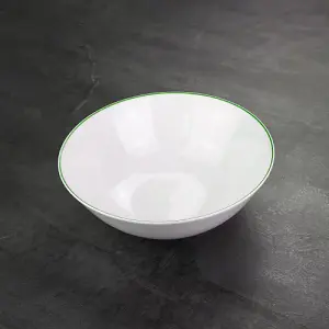 Set of 4 White Ceramic Dinner Bowls with Elegant Green Rim - Durable & Stylish