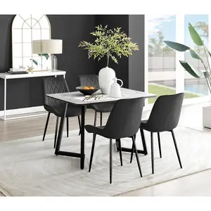 Industrial Design Grey & White Marble Effect Melamine Dining Table Set with 4 Luxury Velvet Chairs Black