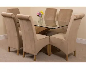 Valencia 160 cm x 90 cm Glass Dining Table and 6 Chairs Dining Set with Montana Beige Fabric Chairs