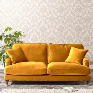 Mackenzie 188cm Wide Mustard Yellow 3 Seat Velvet Fabric Sofa with Brass Coloured Wheel Tipped Walnut Coloured Wooden Legs