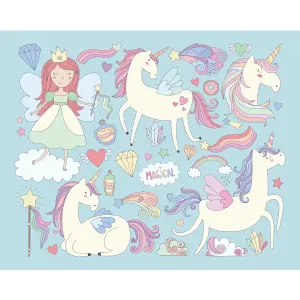 Origin Murals Princess Unicorn Blue Matt Smooth Paste the Wall Mural 300cm Wide X 240cm High