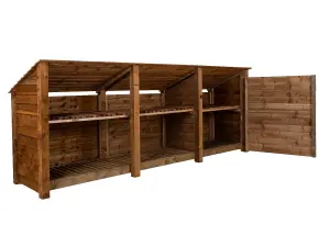 Wooden tool and log store (roof sloping back), garden storage with shelf W-335cm, H-126, D-88cm - brown finish