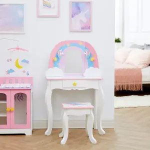 Teamson Kids Dressing Table, Play Vanity Set with Mirror & Stool, Rainbow Unicorn - Pink/White