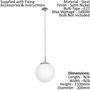 Pendant Ceiling Light Colour Satin Nickel Shade White Glass Opal Matt Bulb E27 1x60W