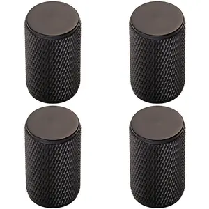 4x Knurled Cylindrical Cupboard Door Knob 18mm Dia Matt Black Cabinet Handle