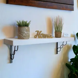 Solid Wood Handmade Rustical Shelf White 225mm 9 inch with Black Metal Bracket WPRP Length of 160cm