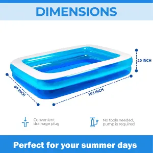 Rectangular Inflatable Swimming Pool  Family Paddling Pool for Garden Fun Medium