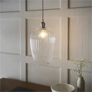 Hanging Ceiling Pendant Light - Bright Nickel Plate & Large Clear Ribbed Glass - 10W LED E27