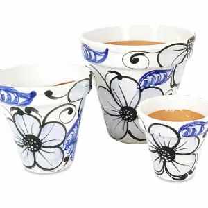 Blue Flowers Hand Painted Set of 3 Outdoor Garden Classic Plant Pots (D) 16-29cm