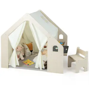 Costway Wooden Kids Play Tent Toddler Montessori Playhouse W/ Table & Chair