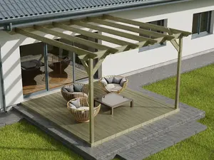 Wall mounted pergola and decking complete diy kit, Dinasty design (3m x 3m, Light green (natural) finish)