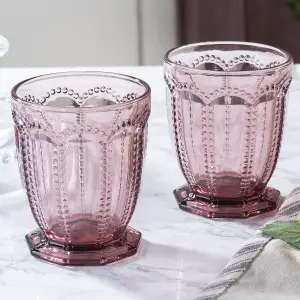 Set of 4 Vintage Luxury Pink Embossed Short Tumblers & Drinking Glasse Wine Goblets 290ml